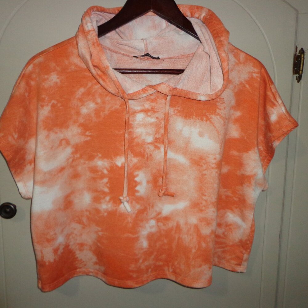 PAPERMOON Cropped Hooded Top M? Tie-Dyed Orange/White Raglan Cap Sleeves